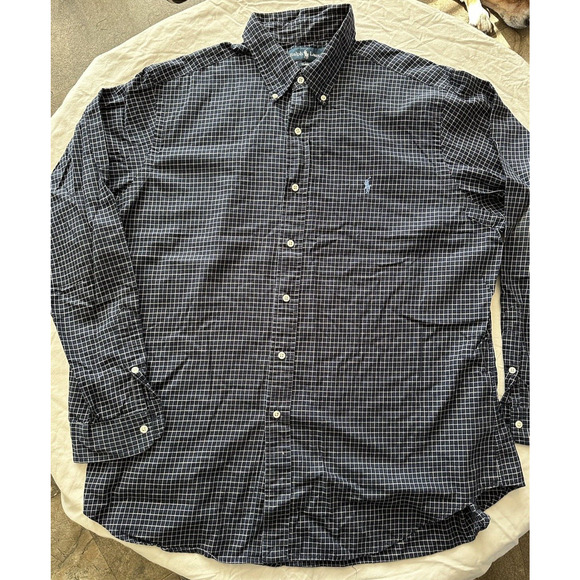 Ralph Lauren Classic Fit XL Button Up Check Navy Blue Light BluePony Long Sleeve - Picture 2 of 11